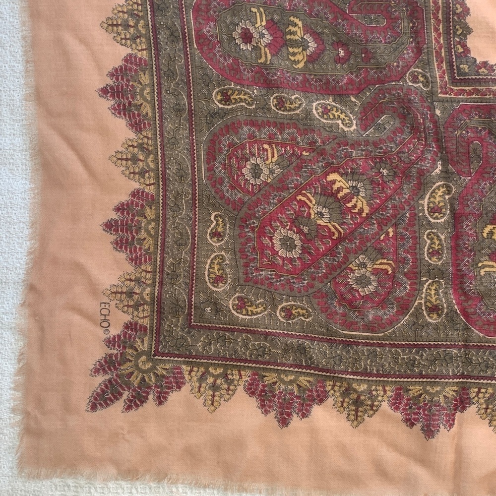 Echo large square wool scarf peach, burgundy, green